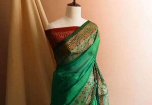 An Emerald Green Block Printed Saree from Uddup Silk, Chennai