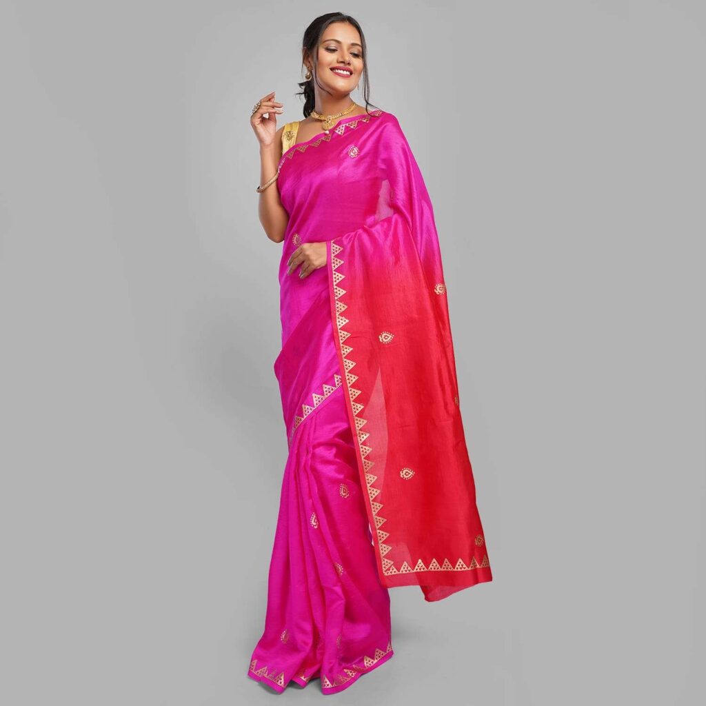 A woman in a stunning silk saree with flowy drape. Style your silk sarees