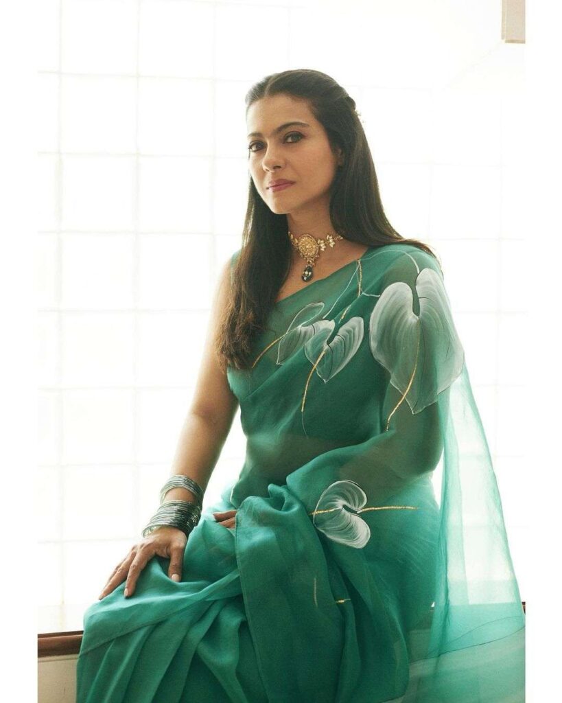 Kajol's Organza Saree Blouse Ideas with a Green Organza Saree