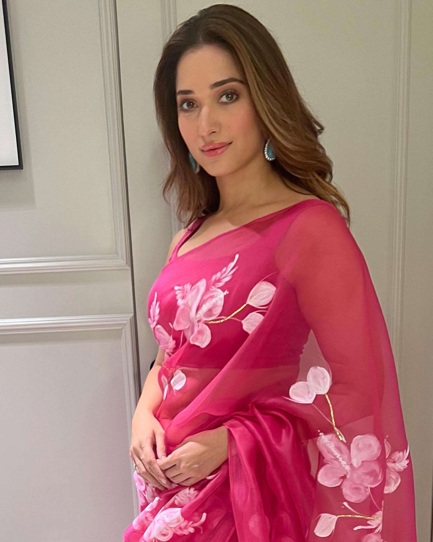 Tamannaah Bhatia in a beautiful Pink Organza Saree with a sleeveless blouse