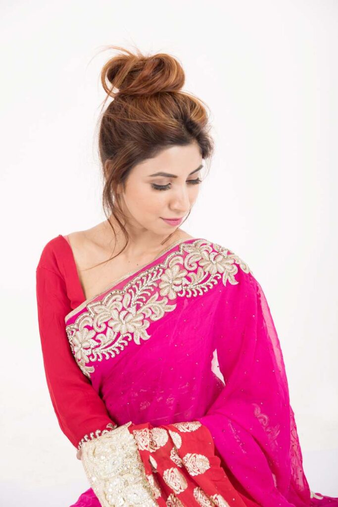 Alia Bhatt in a pink saree with contrast blouse