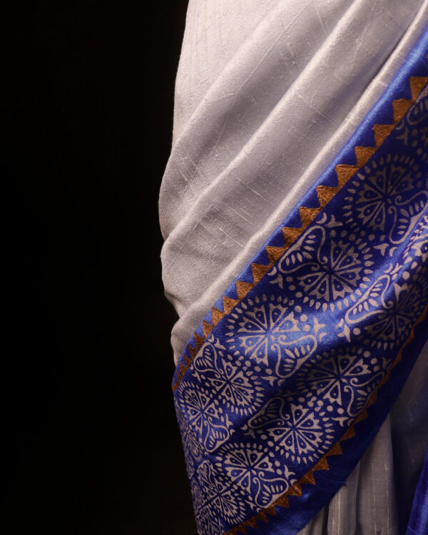 Uddup Breeze White and Blue Pure Dupion Silk Saree