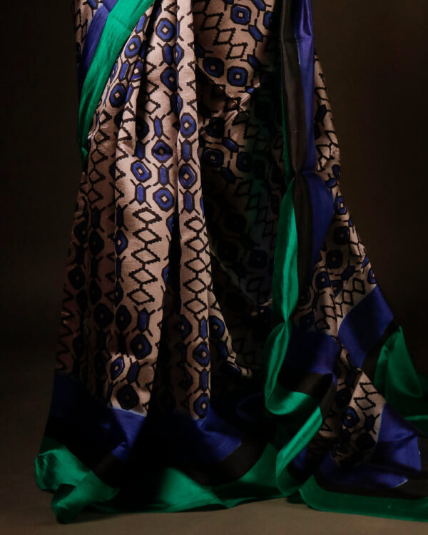 Pure Hand block Beige and blue Raw Silk saree